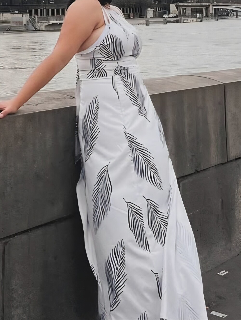 Women’s White Maxi Dress with Black Leaf - Picture 2 of 5